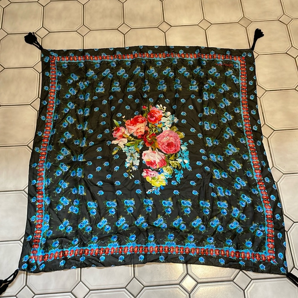 Johnny Was Black Floral Silk Scarf with Blue and Pink Blooms